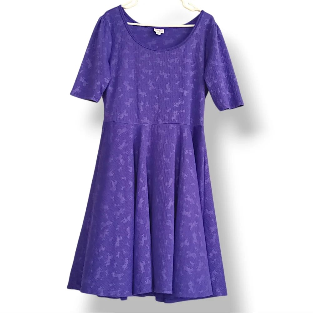 LuLaRoe Purple Unicorn Fit N Flare Midi Dress Stretchy Textured Fantasy Colorful - Picture 1 of 13